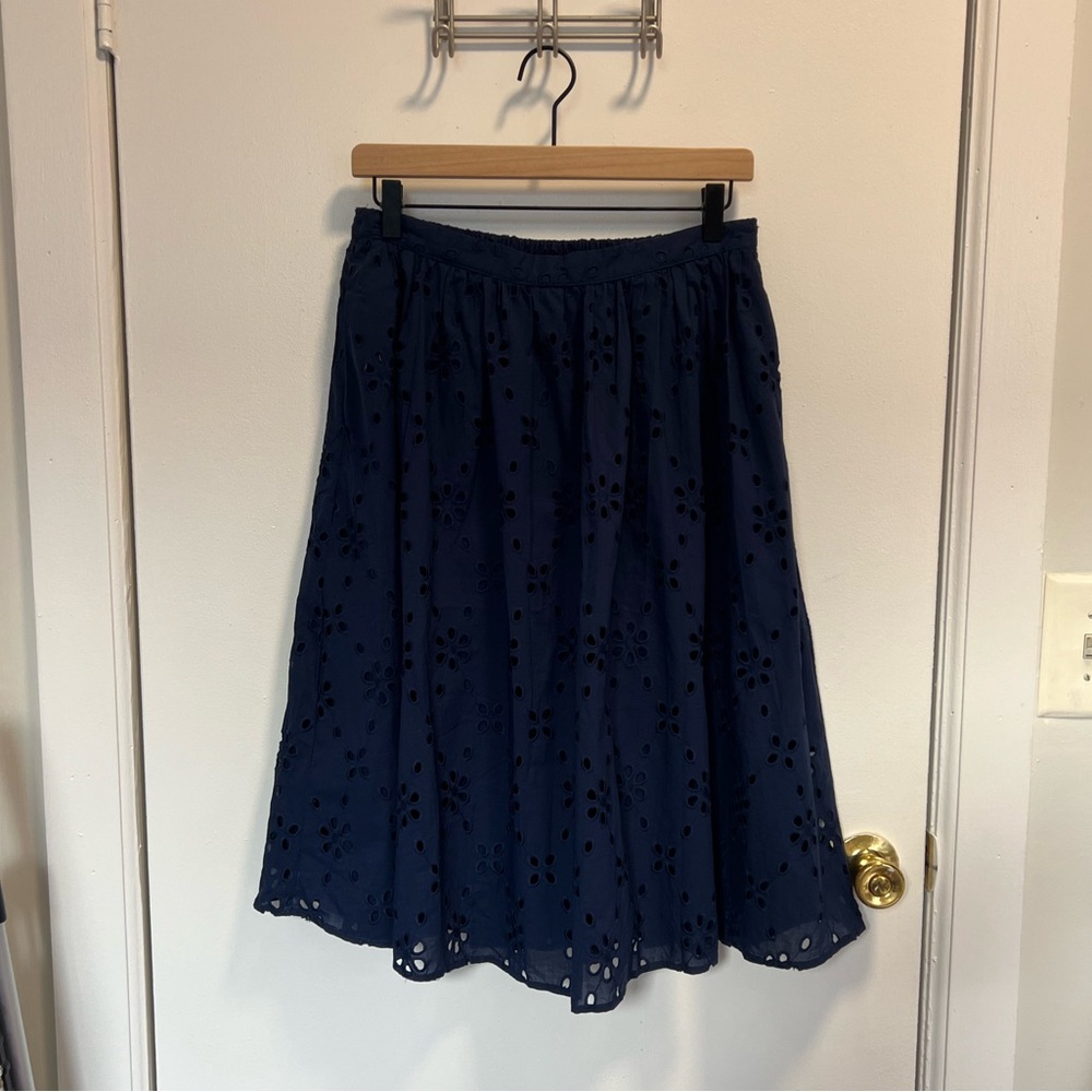 NWT J Crew navy blue eyelet midi skirt